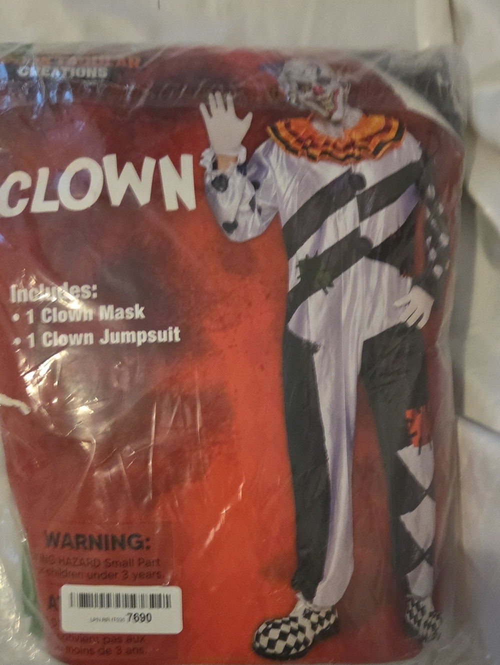 Men's Black & White Clown Jumpsuit Costume with Orange Ruffle -